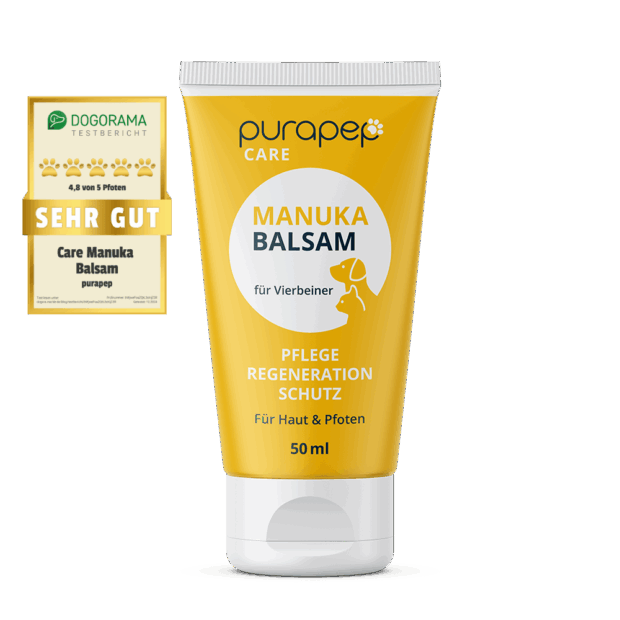 purapep Manuka Balsam für Hunde und Katzen mit Dogorama Siegel Frontansicht